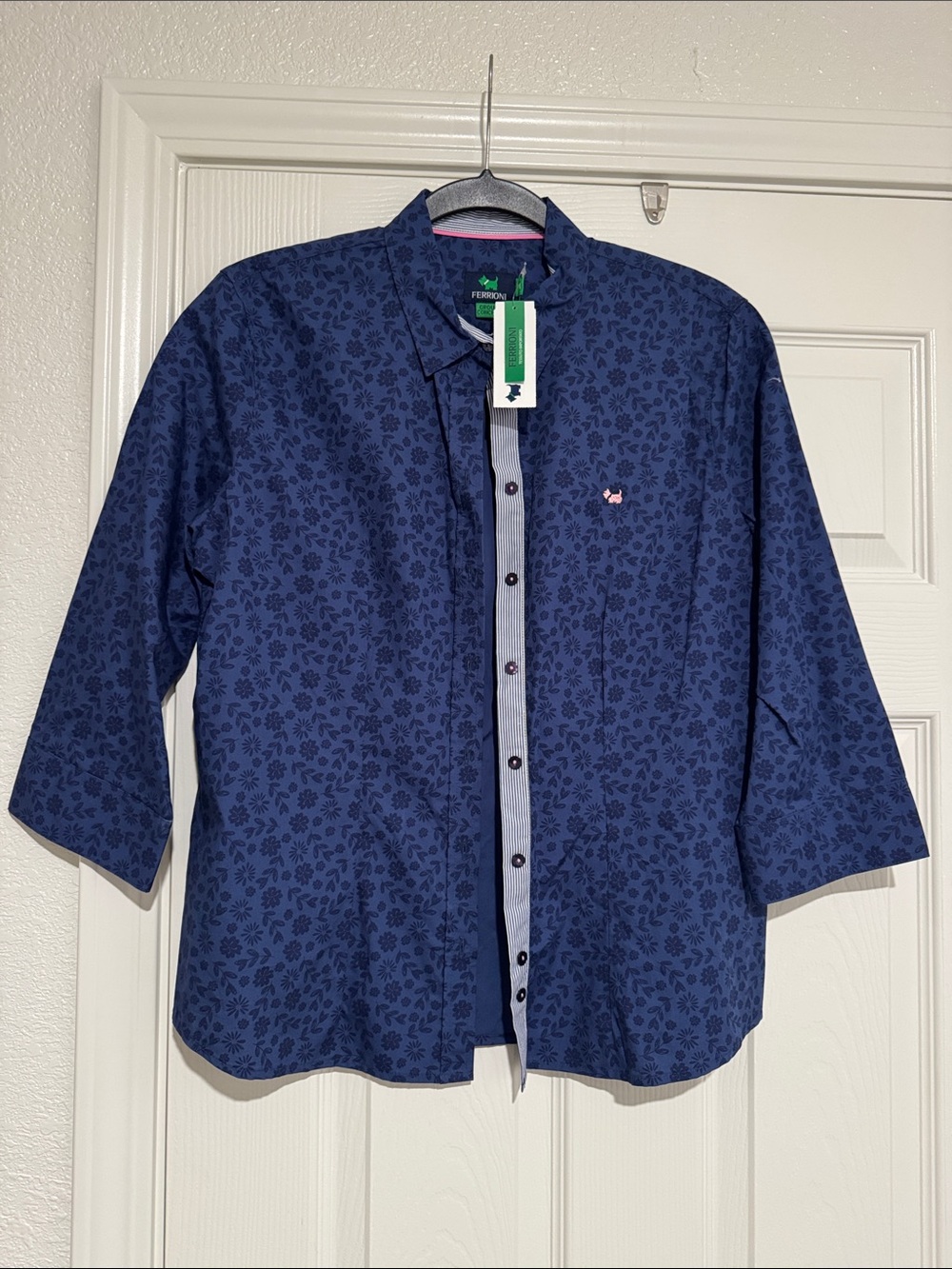 Ferrioni Blue Floral Button-Up Shirt with Pink Logo